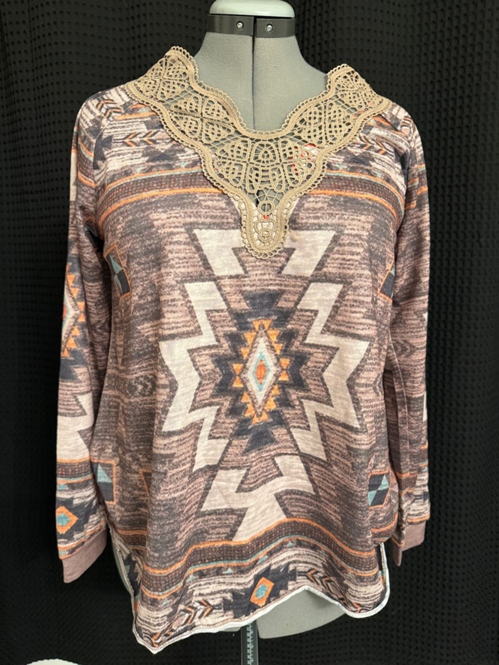 Lace-Trim Aztec Print Long Sleeve Top - Brown